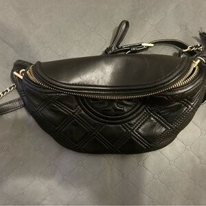 Tory Burch Black Quilted Leather Crossbody Belt Bag with Gold Hardware